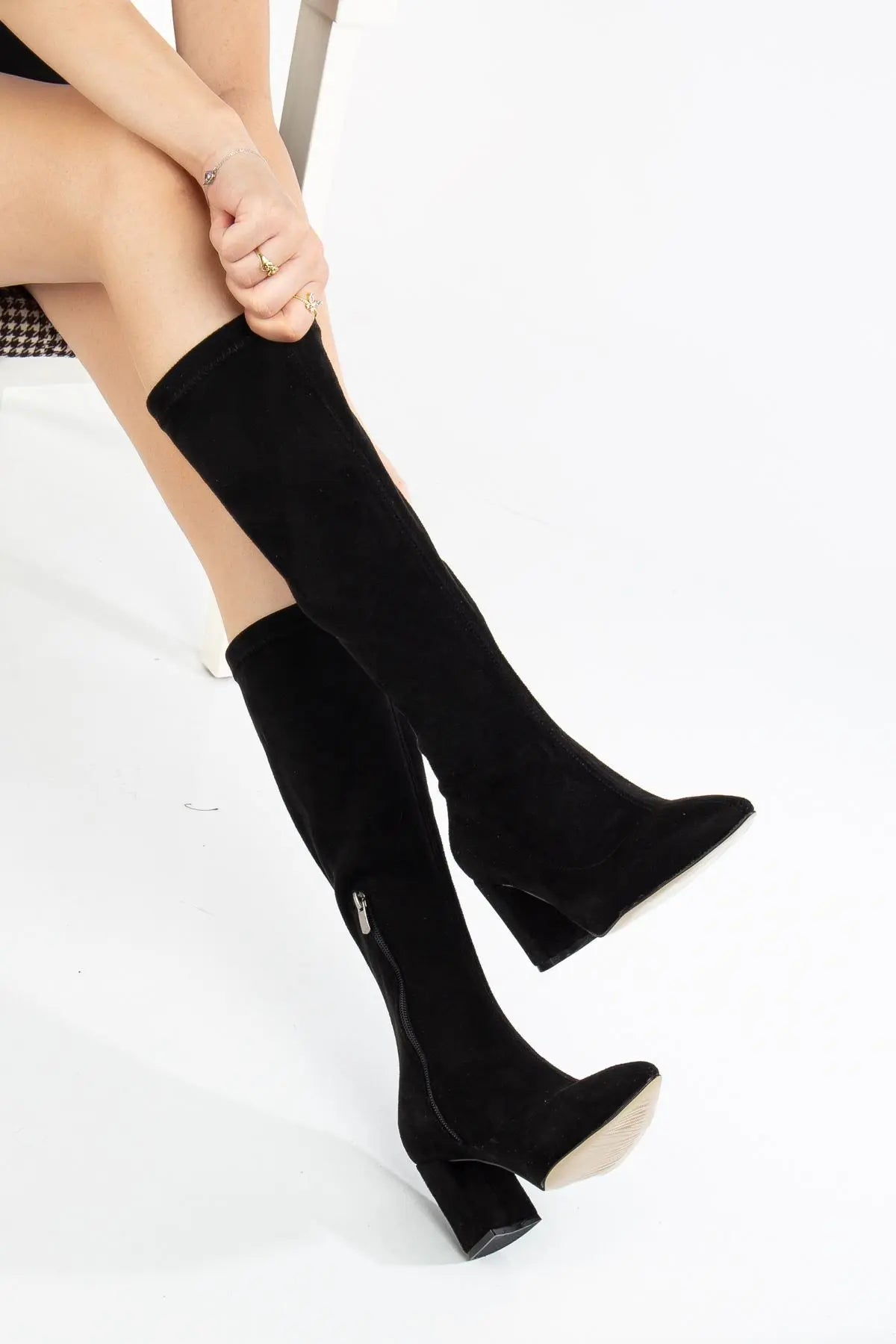 Women's Black Suede Chunky Heel Zipper Boots - STREETMODE™