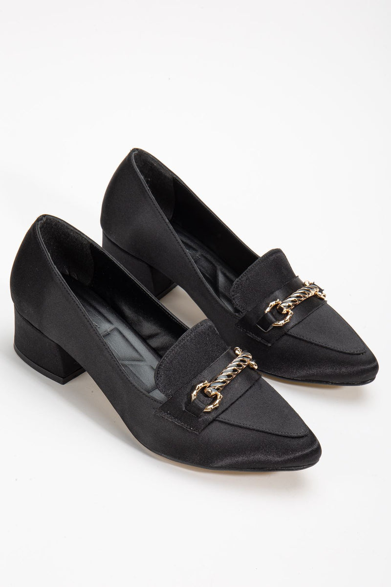 AUGUSTA Black Satin Buckle Detailed Women's Low Heeled Shoes - STREETMODE™