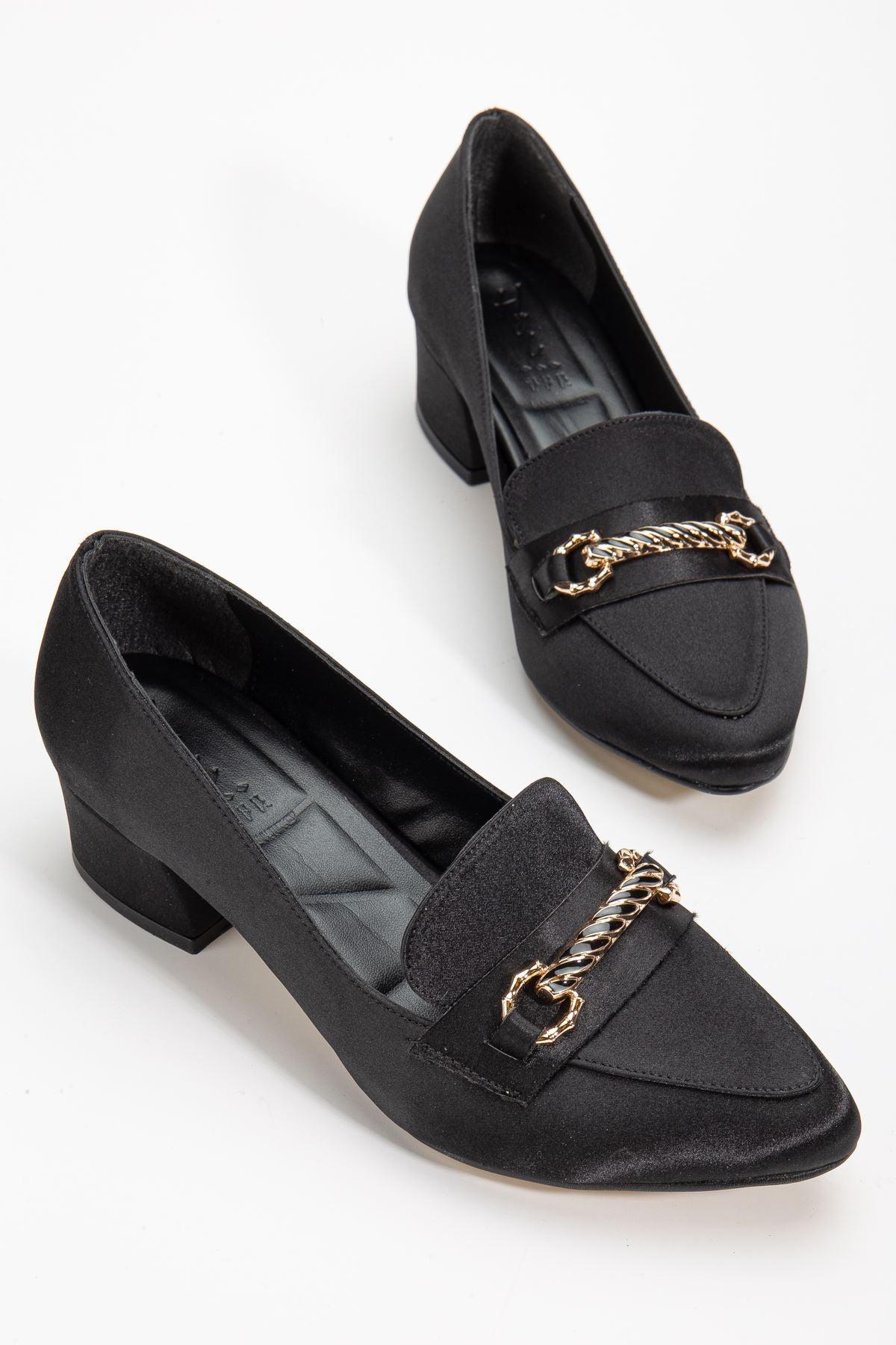 AUGUSTA Black Satin Buckle Detailed Women's Low Heeled Shoes - STREETMODE™