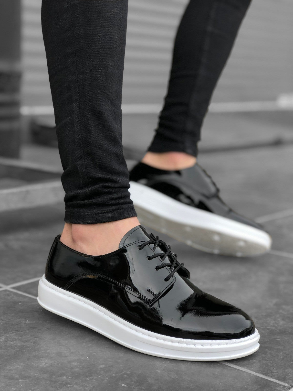 BA0003 Lace-Up Classic Black Patent Leather High Sole Casual Men's Shoes - STREETMODE™