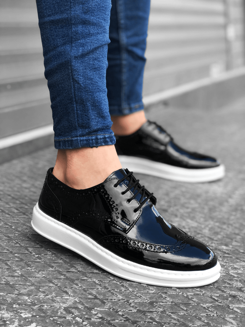 BA0003 Lace-Up Classic Black White Sole Patent Leather High Sole Casual Men's Shoes - STREETMODE™