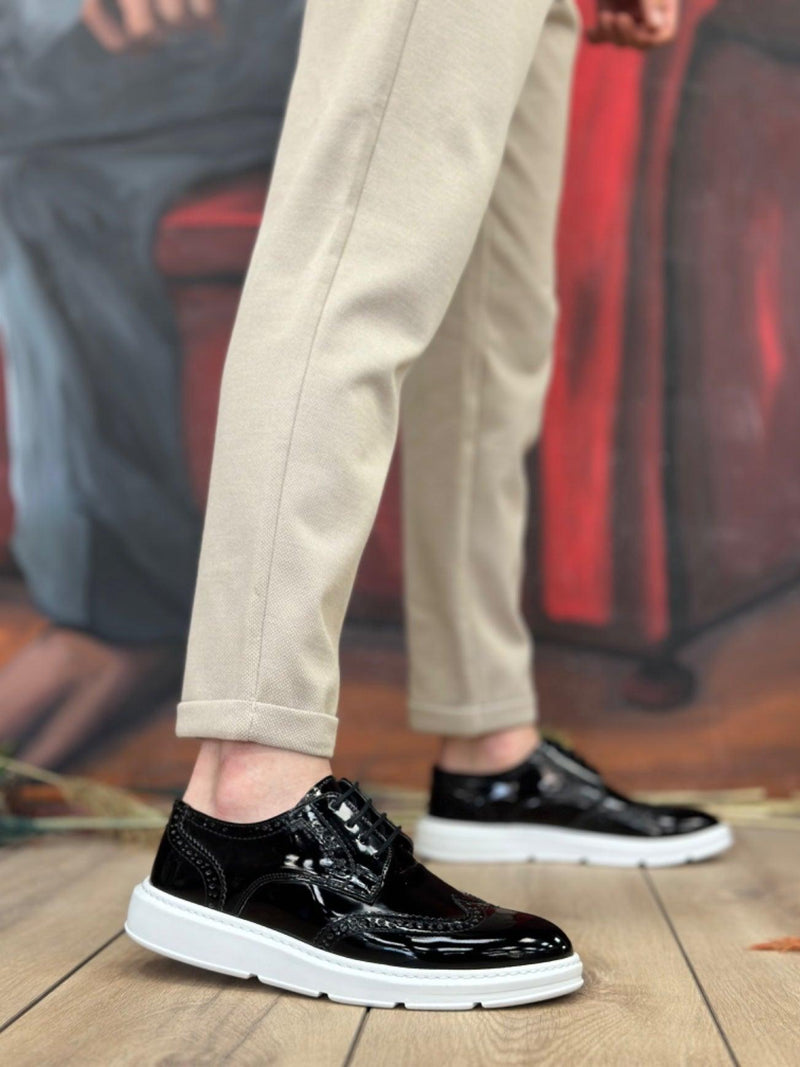 BA0003 Lace-Up Classic Black White Sole Patent Leather High Sole Casual Men's Shoes - STREETMODE™