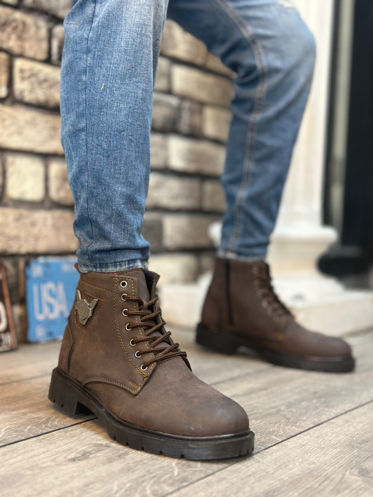 BA0080 Eagle Zippered Brown Men's Classic Sports Classic Half Ankle Boots - STREETMODE™