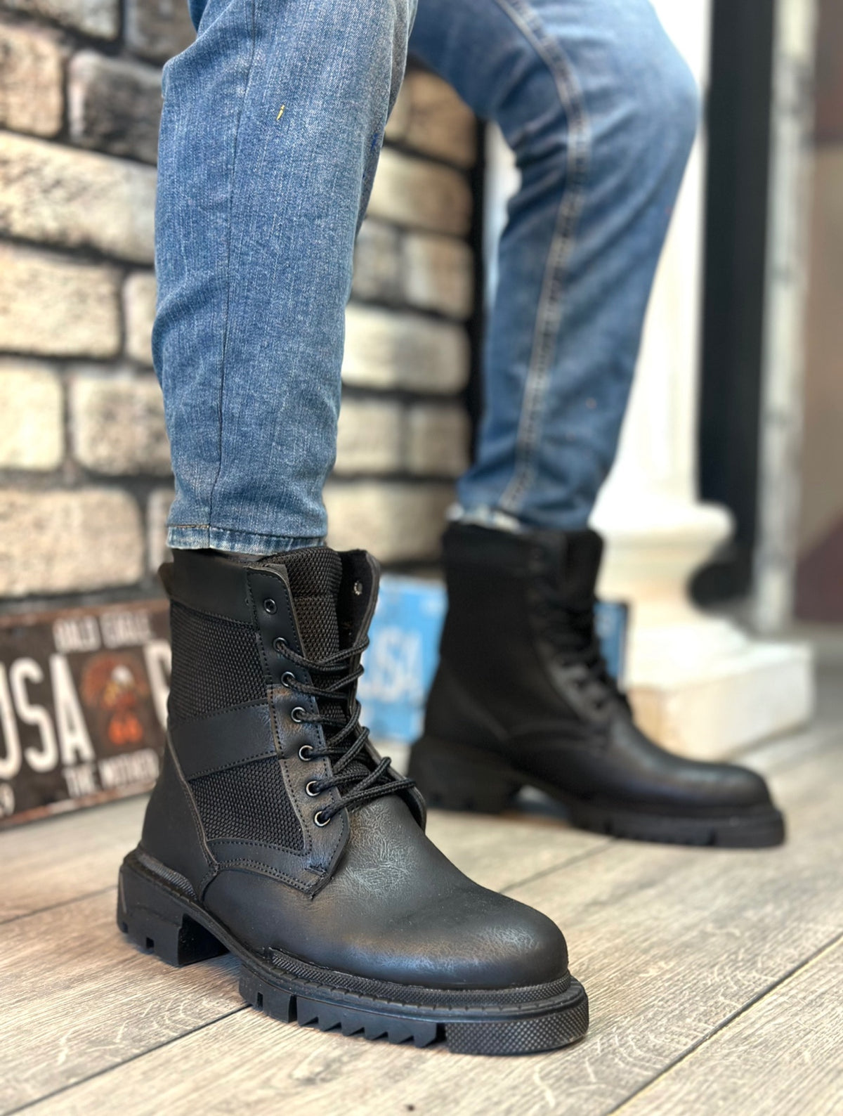BA0087 Black Lace-up Men's Sports Leather Boots - STREETMODE™