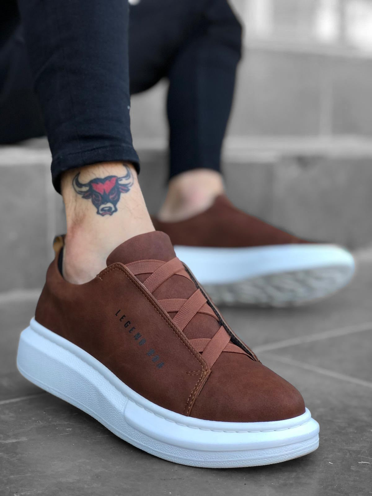 BA0134 Thick High Sole Cross Band Brown White Men Shoes - STREETMODE™