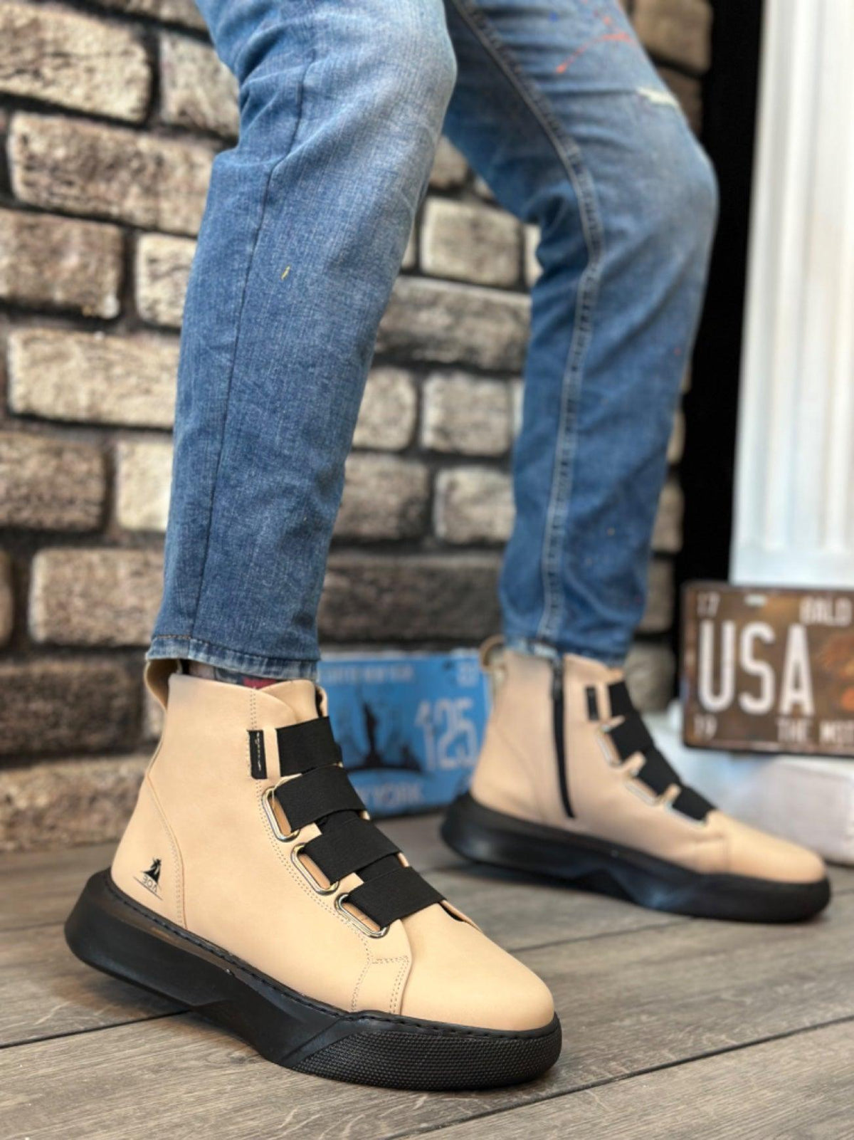 BA0142 Banded High Sole Black Sport Boots - Men Fashion Sneaker Shoes Men's Sneaker Boots - STREETMODE™