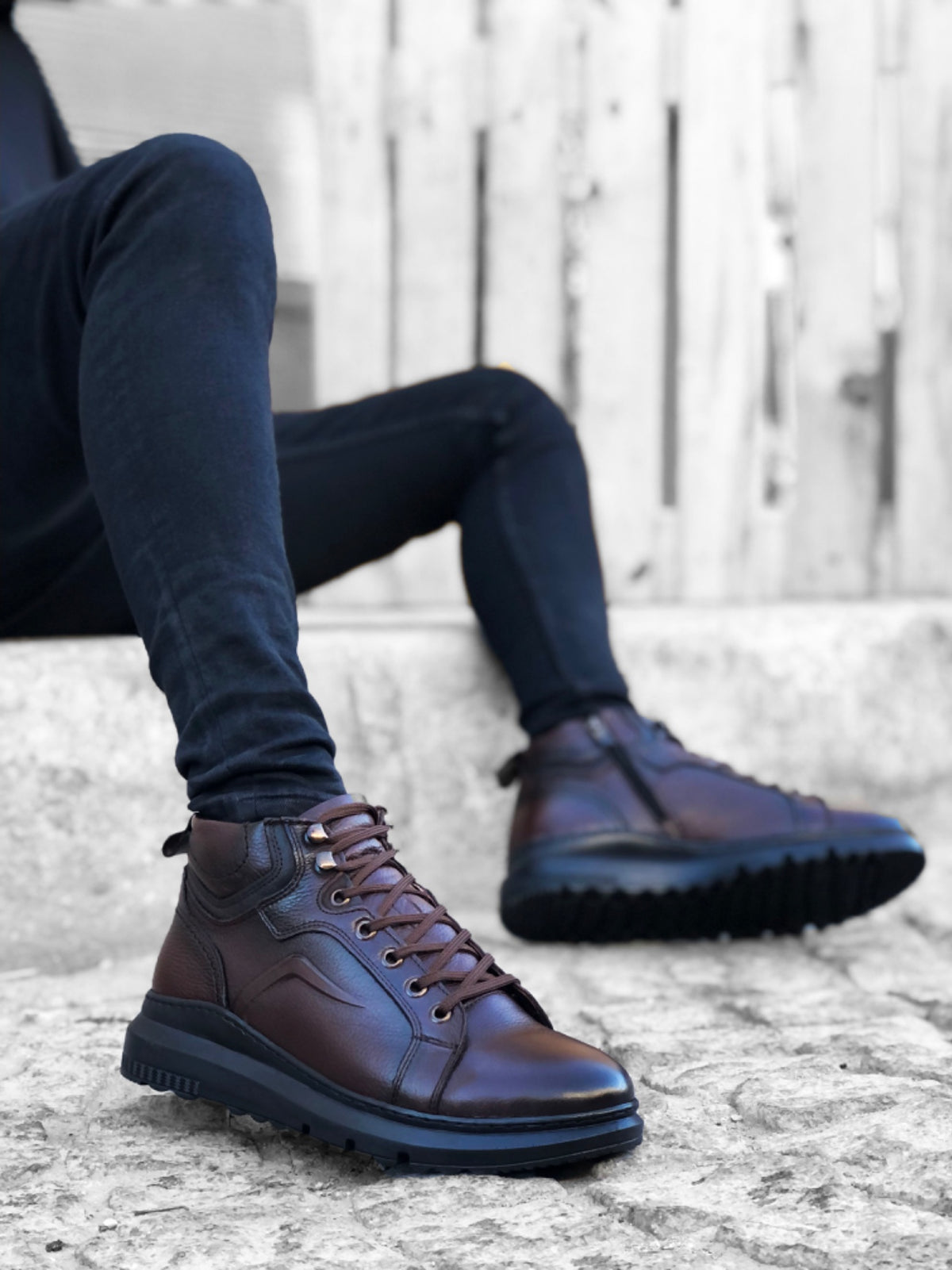 BA0144 Men's Sports Half Ankle Boots, Inner Outer Genuine Leather Zippered Brown - STREETMODE™