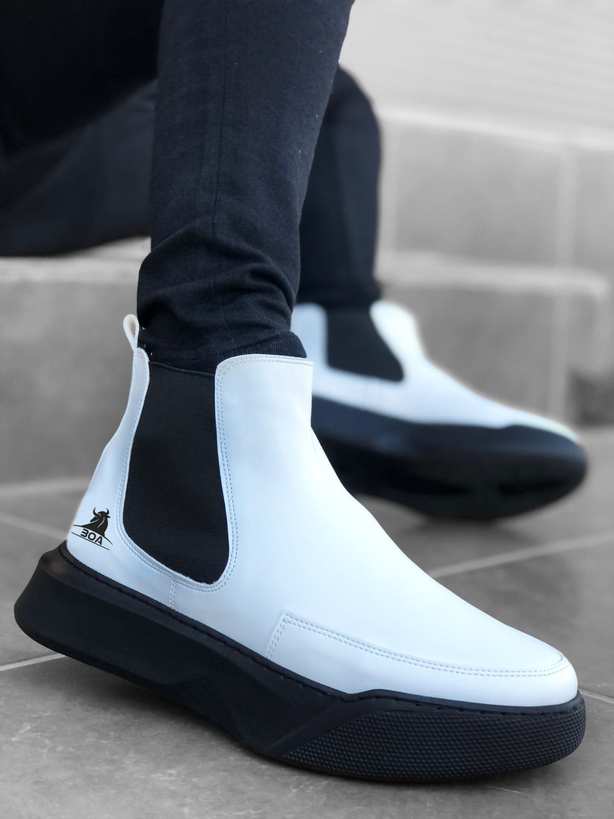 BA0150 Lace-Up Banded Men's High Sole White Black Sole Sport Boots - STREETMODE™