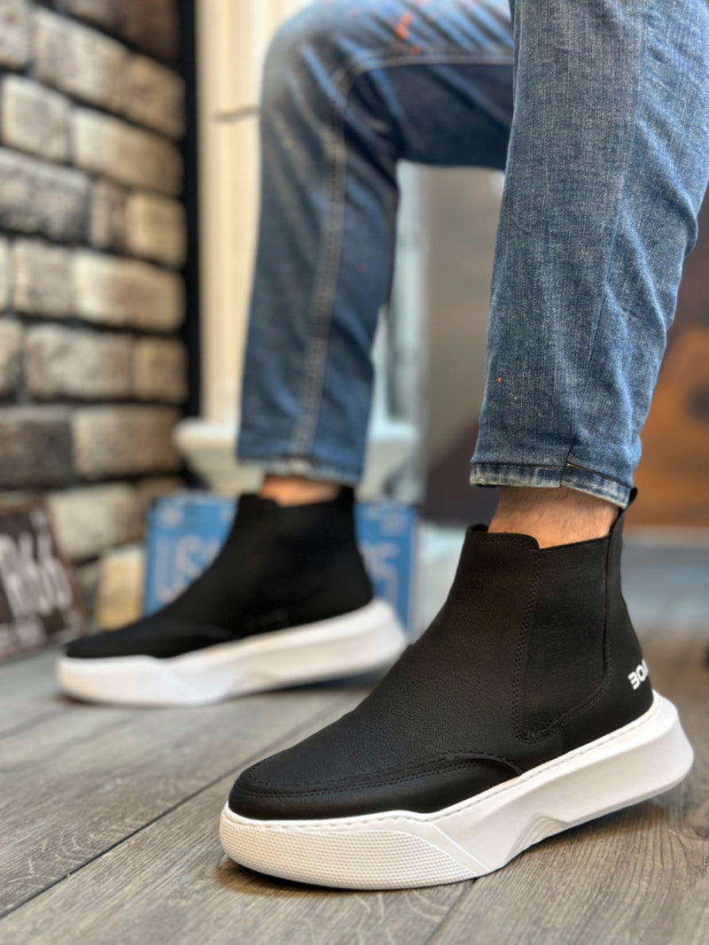 BA0150 Laceless Men's High Sole Skin Black White Sports Boots - STREETMODE™
