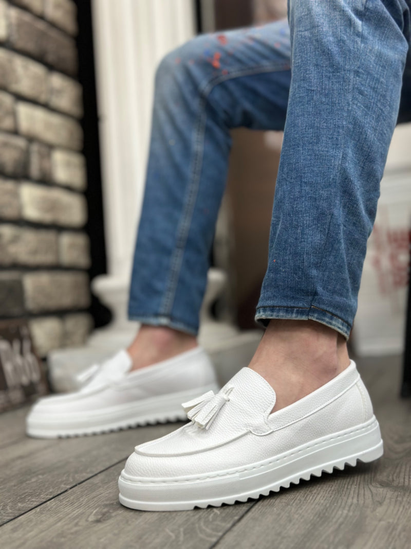 BA0154 Laceless High Sole Skin White Color Tassel Men's Shoes - STREETMODE™