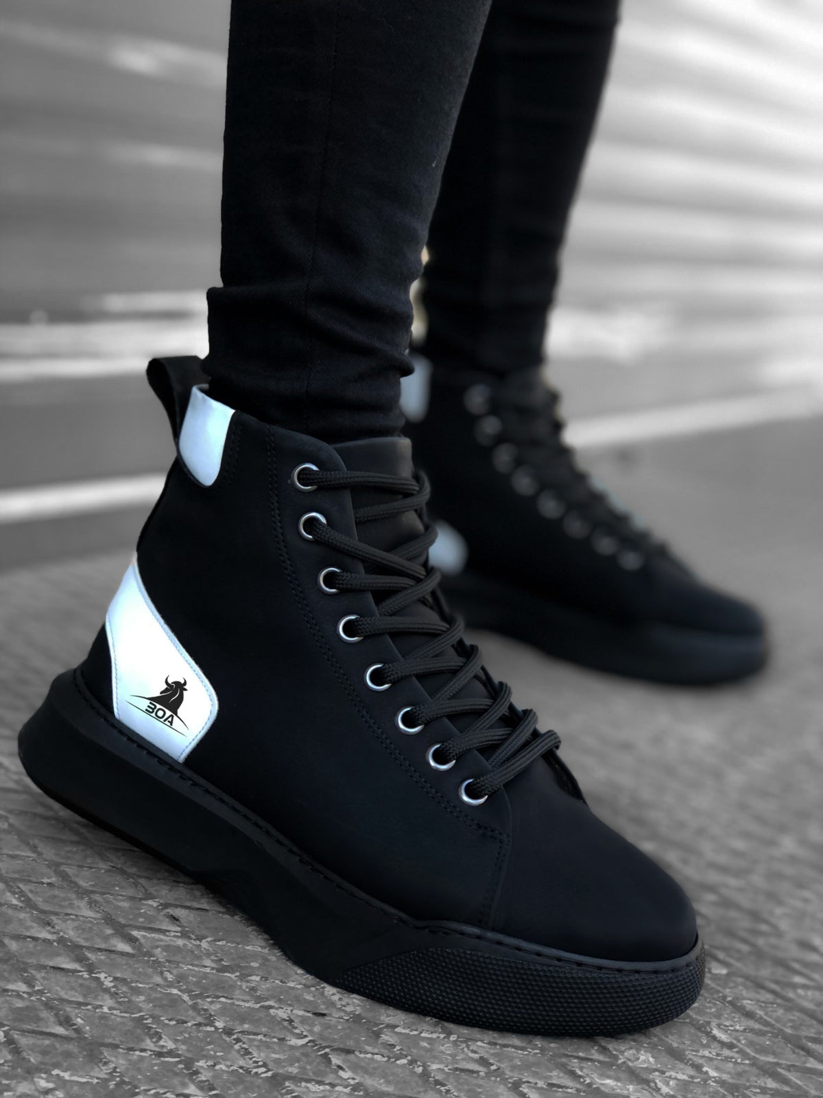 BA0155 Lace-Up Men's High Sole Black White Sport Boots - STREETMODE™