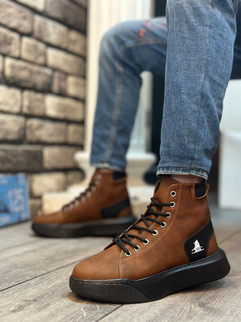 BA0155 Lace-Up Men's High-Sole Tan Sports Boots - STREETMODE™