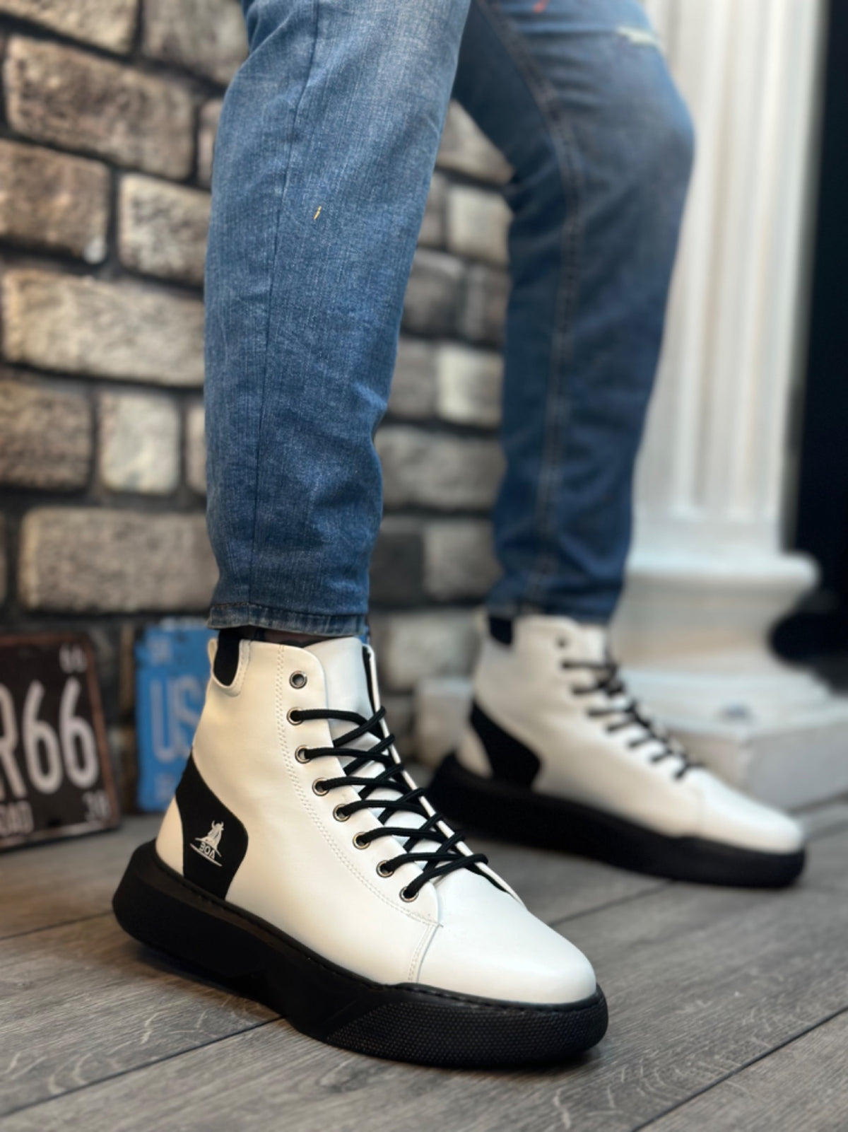 BA0155 Lace-Up Men's High Sole White Black Sole Sport Boots - STREETMODE™