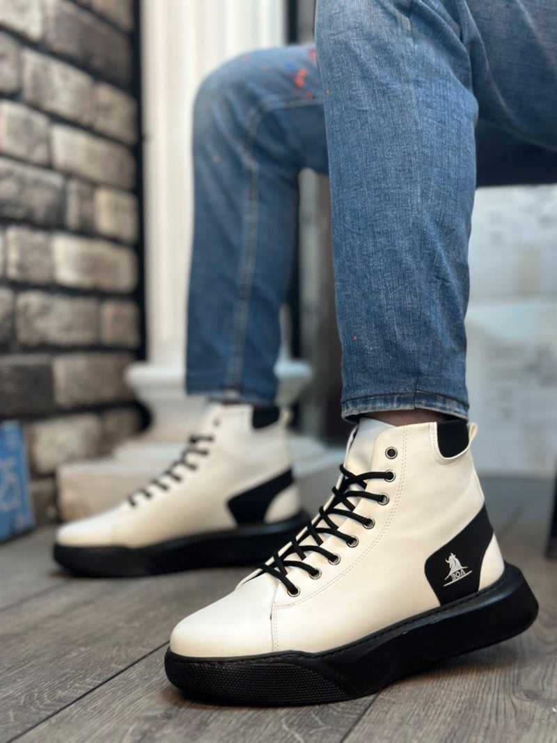 BA0155 Lace-Up Men's High Sole White Black Sole Sport Boots - STREETMODE™