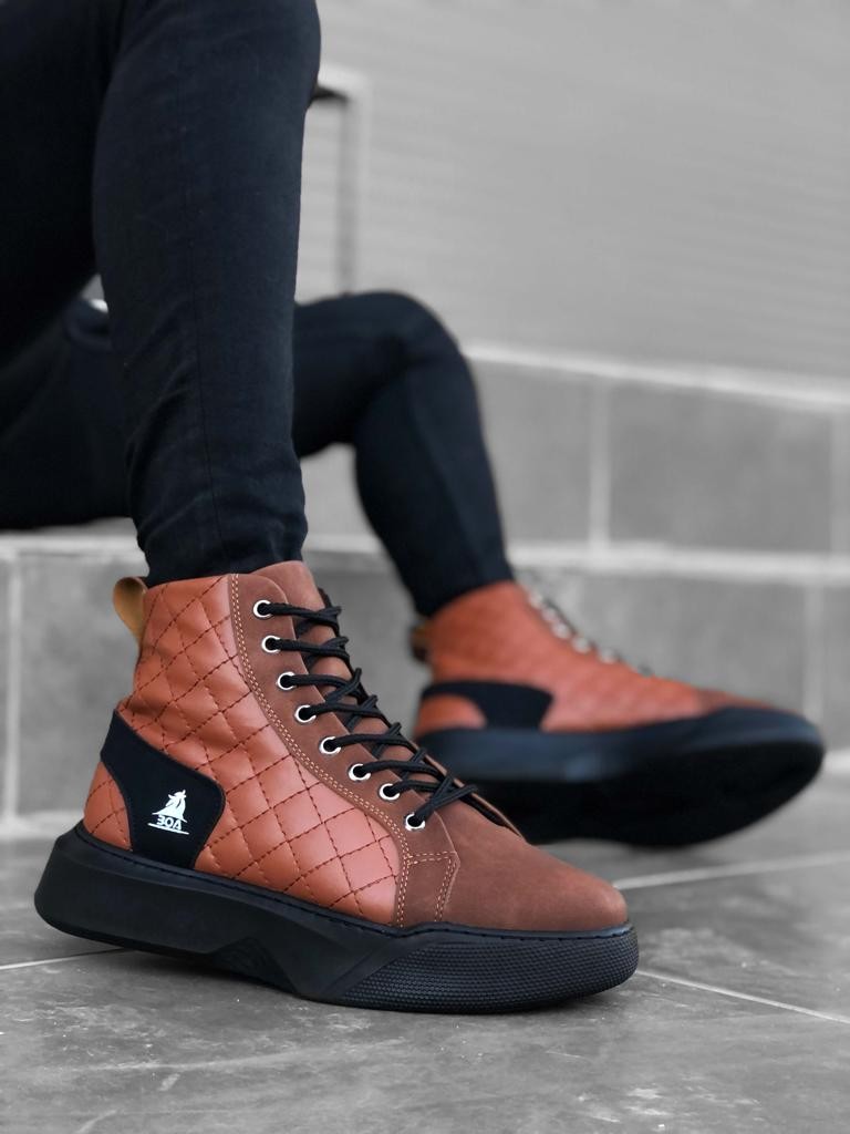BA0159 Lace-up Dark Tan Quilted Men's High-Sole Sports Boots - STREETMODE™