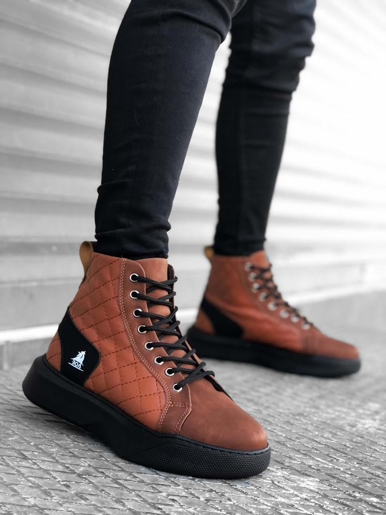 BA0159 Lace-up Dark Tan Quilted Men's High-Sole Sports Boots - STREETMODE™