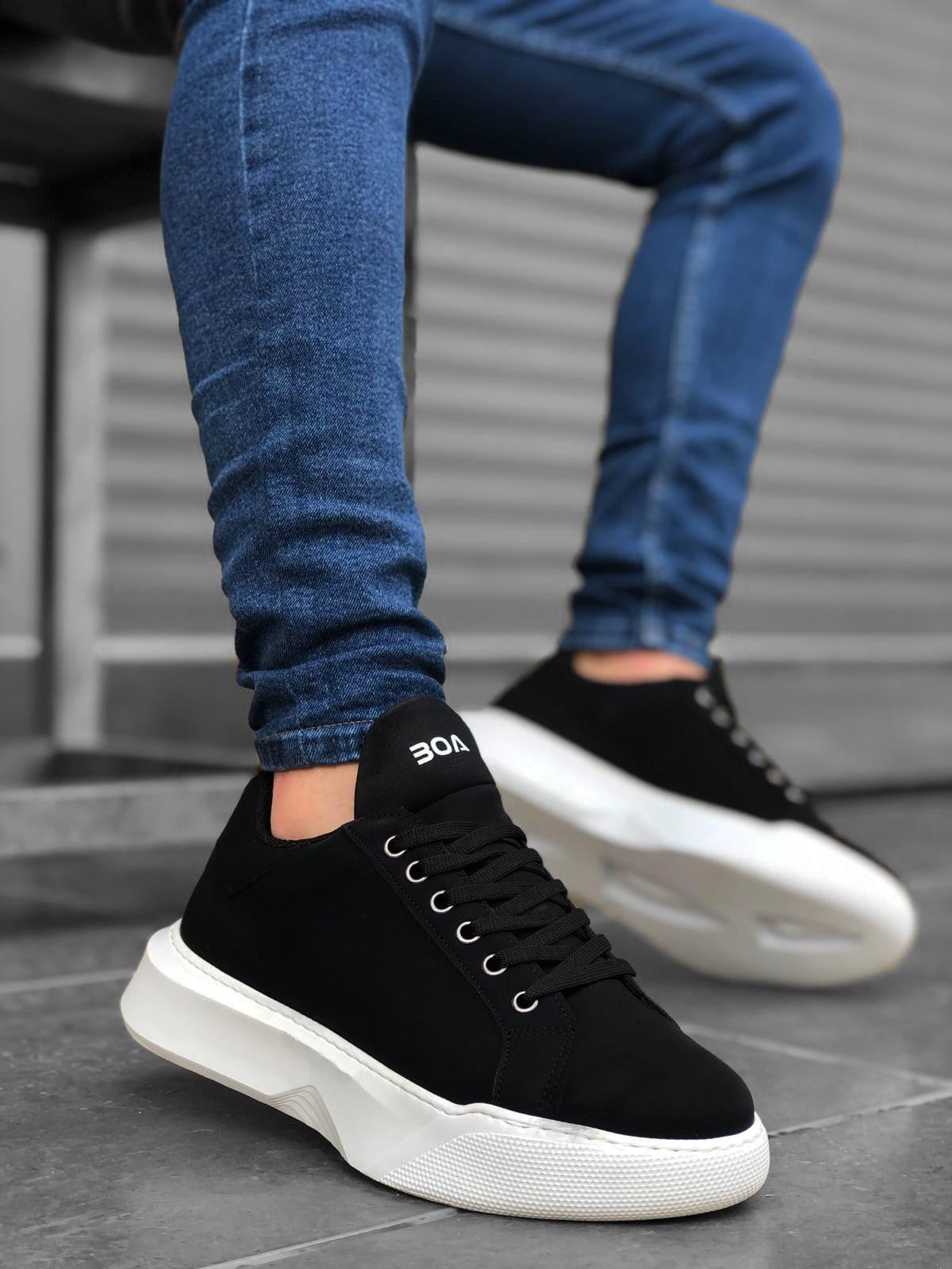 BA0161 Lace-up Men's High Sole Black White Sneakers - STREETMODE™