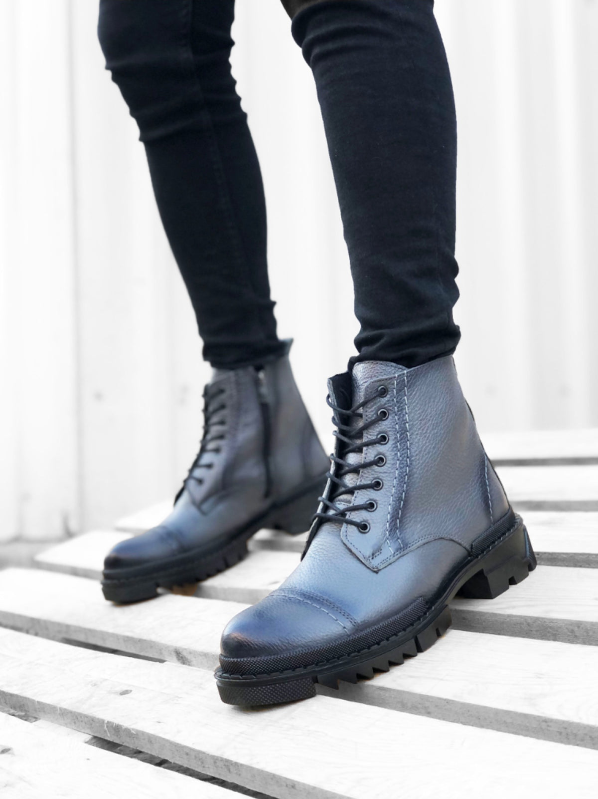 BA0187 Inner Outer Genuine Leather Gray Men's Ankle Boots With Zipper - STREETMODE™