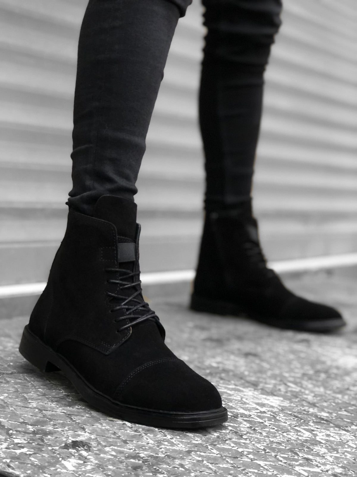 BA0188 Inner Outer Genuine Leather Black Suede Men's Zippered Lace-Up Ankle Boots - STREETMODE™