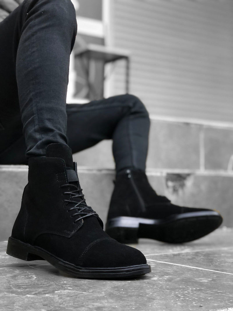 BA0188 Inner Outer Genuine Leather Black Suede Men's Zippered Lace-Up Ankle Boots - STREETMODE™