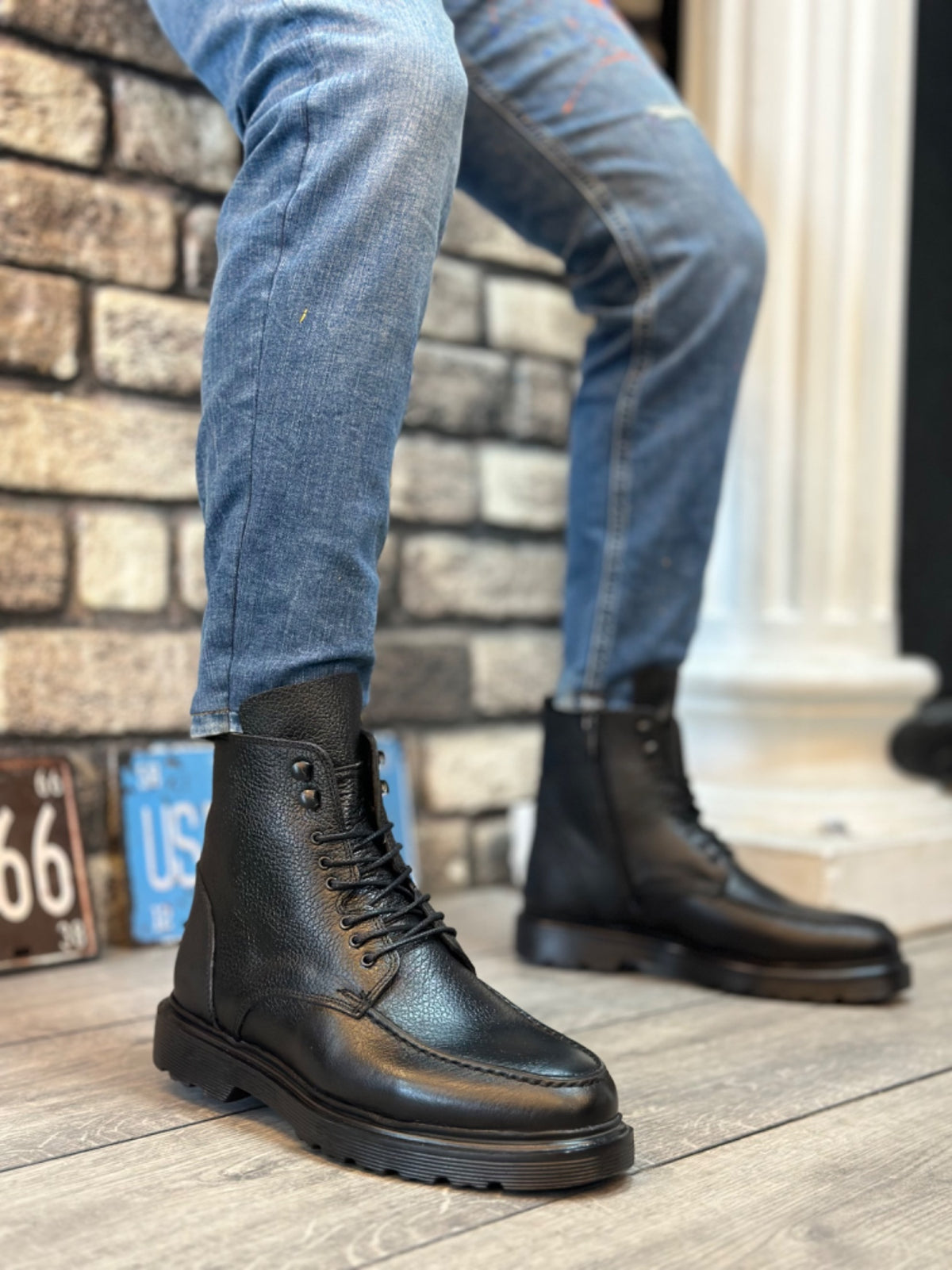BA0212 Inside and Outside Genuine Leather Black Men's Boots - STREETMODE™