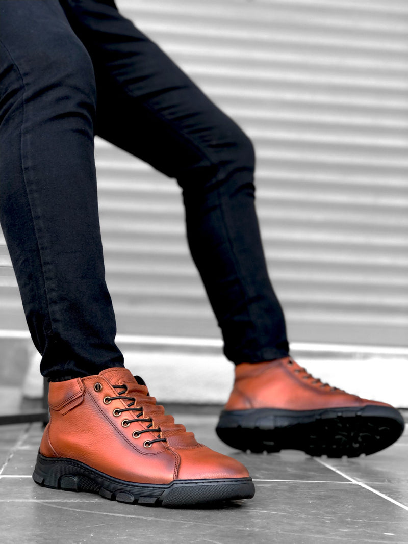 BA0213 Hidden Lace-Up Genuine Leather Tobacco Men's Half Ankle Boots - STREETMODE™