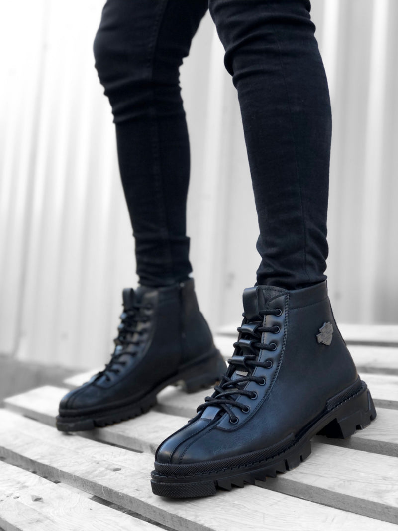 BA0217 Patterned Lace-up Zippered Buckle Black Men's Classic Sports Classic Ankle Ankle Boots - STREETMODE™