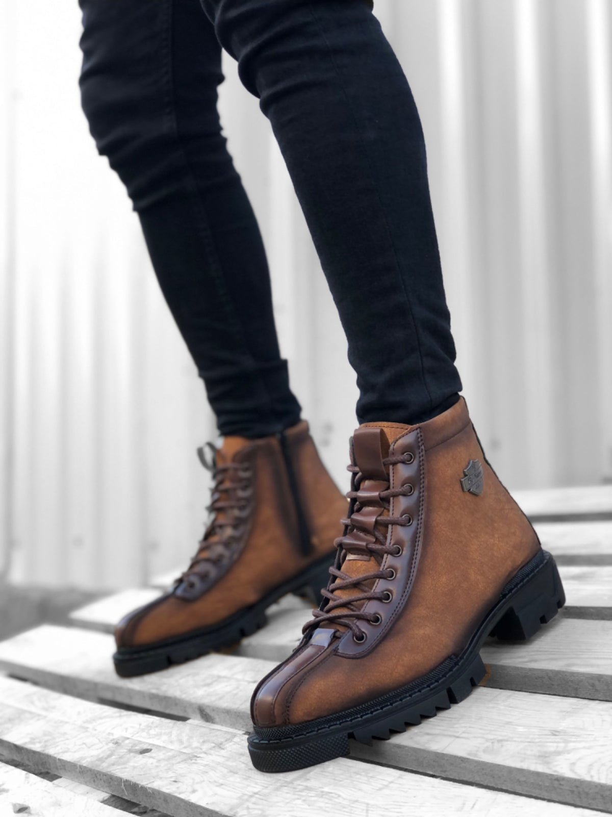 BA0217 Patterned Lace-Up Zippered Buckle Tobacco Men's Classic Sports Classic Ankle Ankle Boots - STREETMODE™
