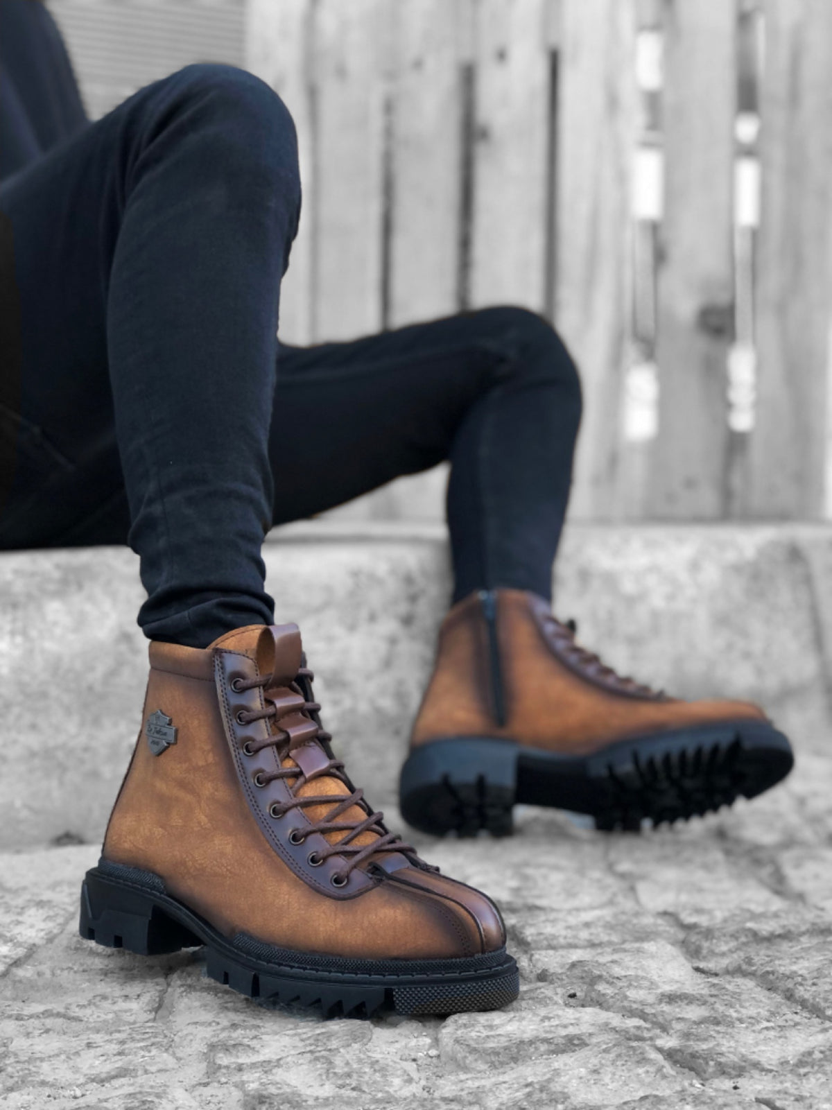 BA0217 Patterned Lace-Up Zippered Buckle Tobacco Men's Classic Sports Classic Ankle Ankle Boots - STREETMODE™