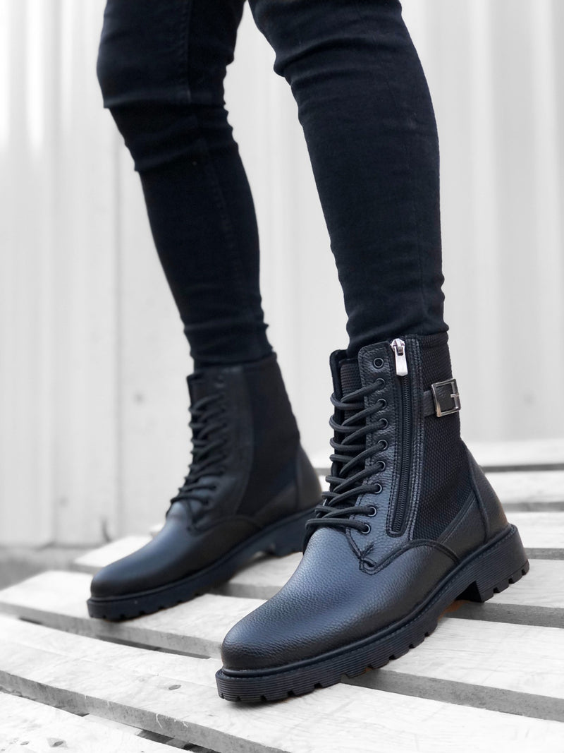 BA0218 Black Men's Sport Classic Boots With Side Buckle Zipper - STREETMODE™