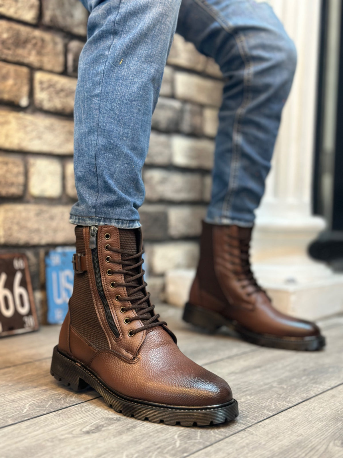 BA0218 Side Buckle Zippered Light Brown Men's Sports Classic Boots - STREETMODE™