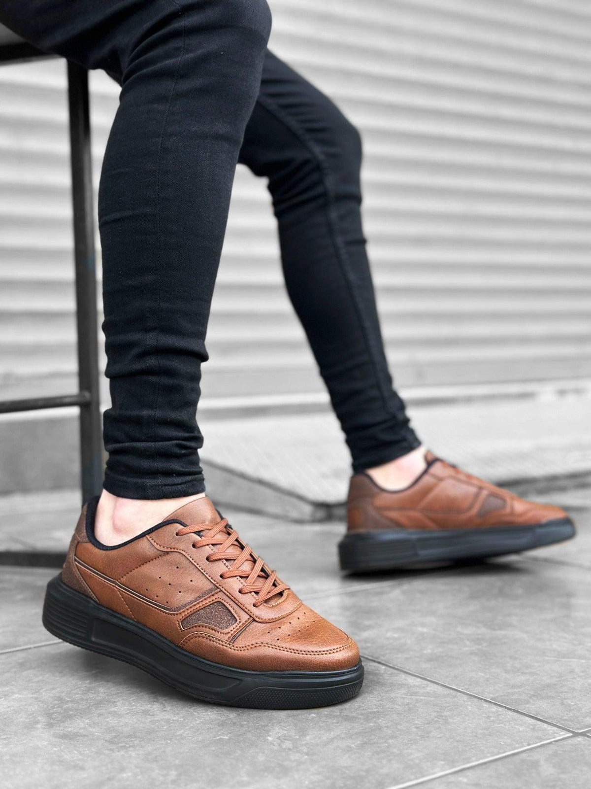 BA0221 BOA Thick High Sole Lace-Up Tan Black Men's Sneakers Shoes - STREETMODE™