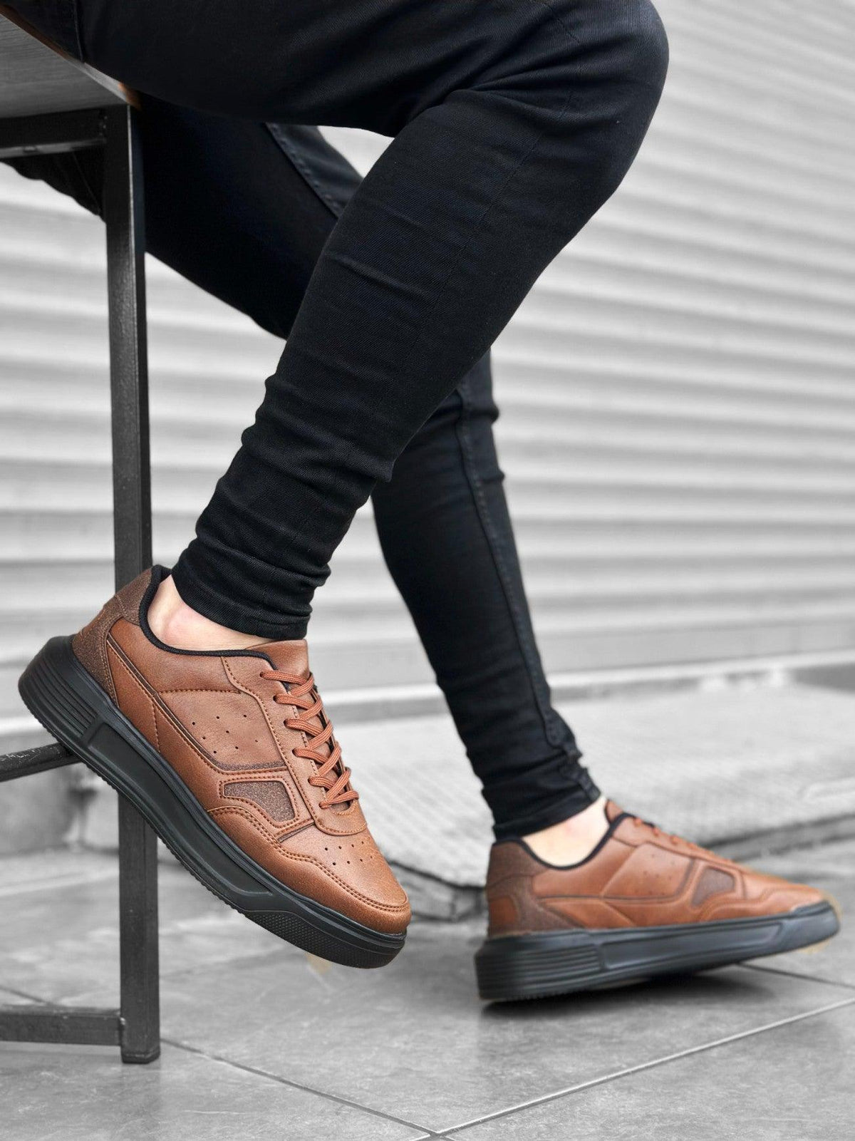 BA0221 BOA Thick High Sole Lace-Up Tan Black Men's Sneakers Shoes - STREETMODE™