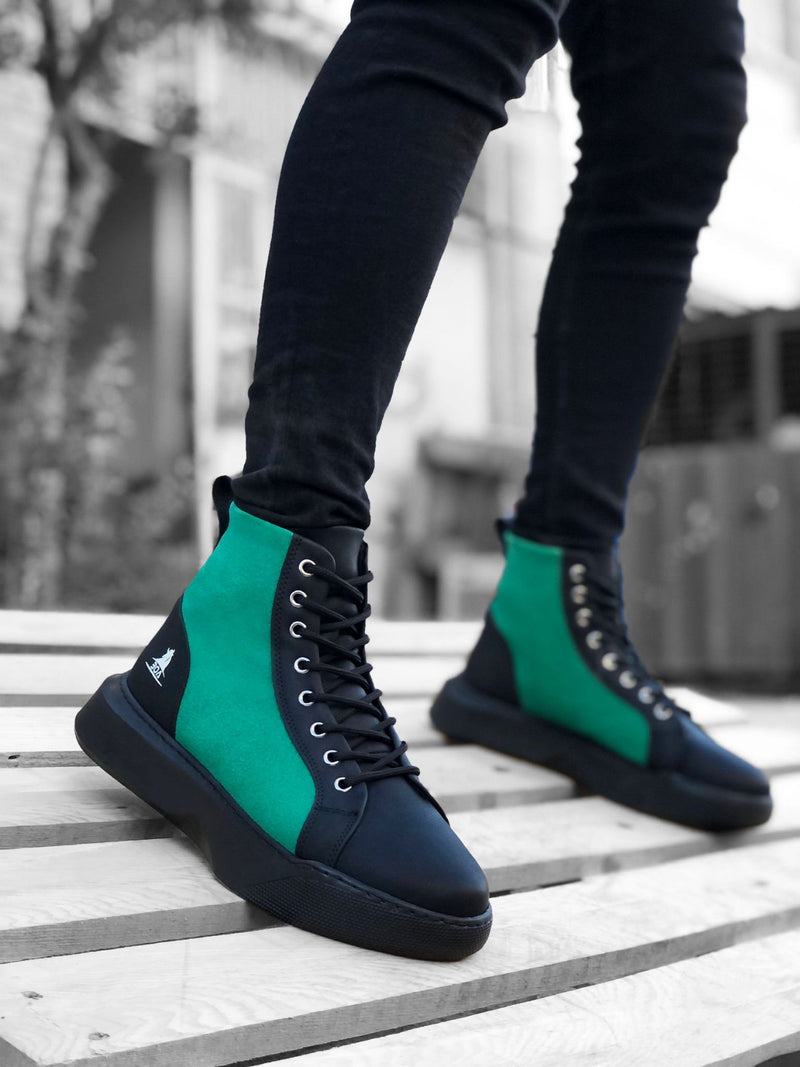 BA0256 Lace-up Men's High Sole Black Green Sole Sports Boots - STREETMODE™