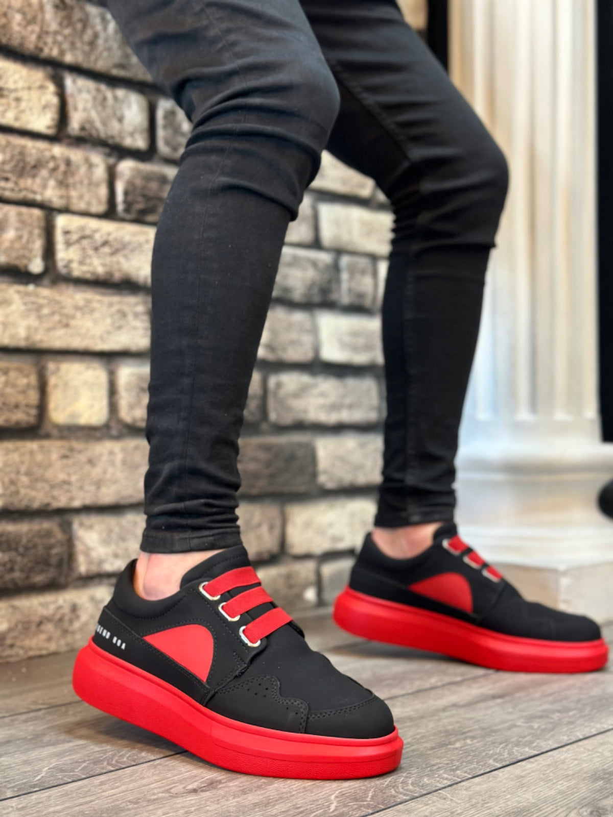 BA0302 Thick Sole Lace-Up Style Casual Black Red Men's Shoes - STREETMODE™