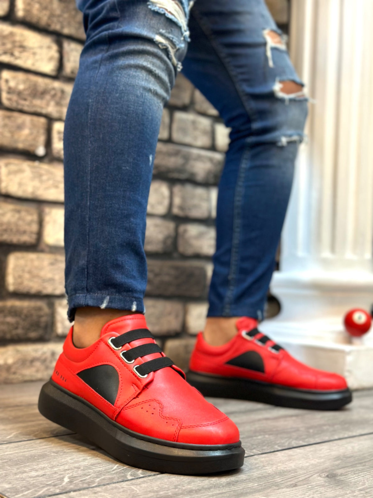 BA0302 Thick Sole Lace-Up Style Casual Red Black Men's Sneakers Shoes - STREETMODE™