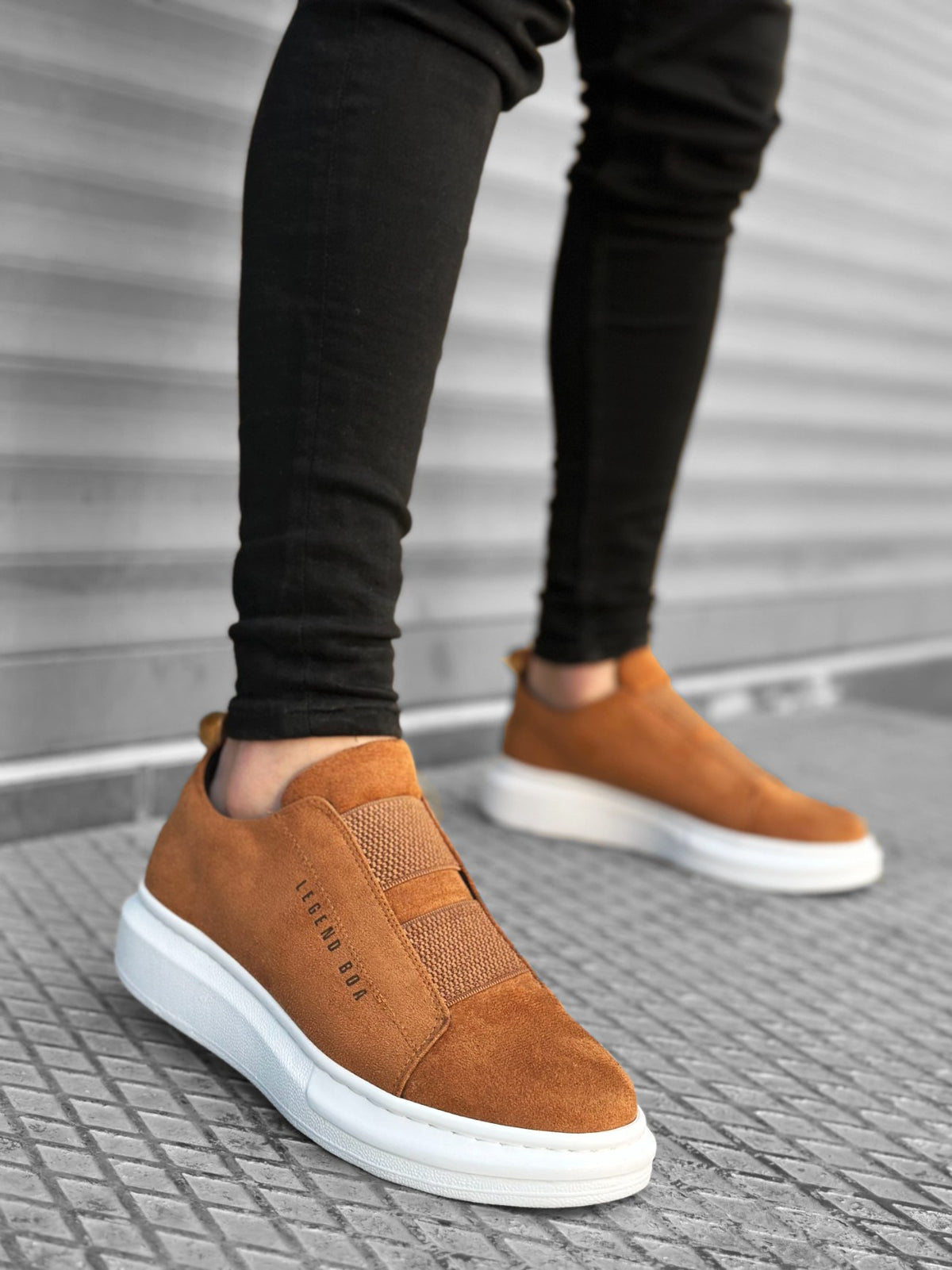 BA0307 BOA Thick Suede High Sole Double Band Tan White Men's sneakers Shoes - STREETMODE™