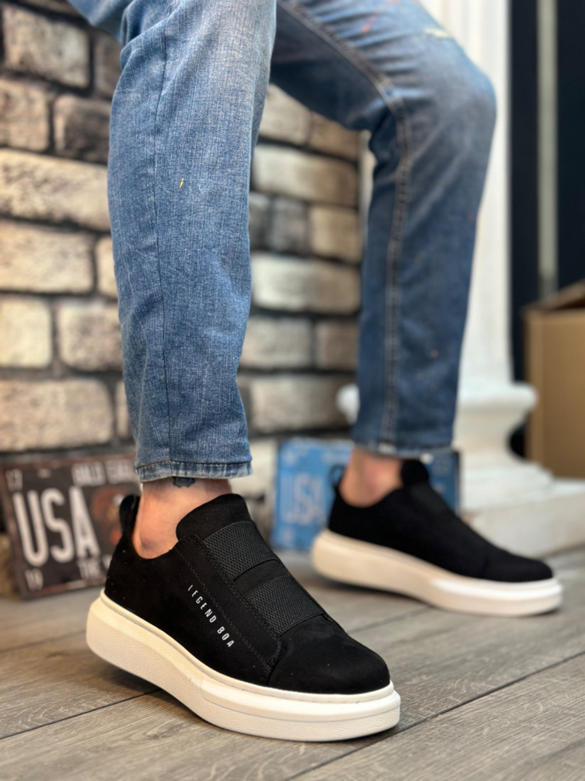 BA0307 Thick Suede Double Tape Black White Sole Men's Shoes - STREETMODE™