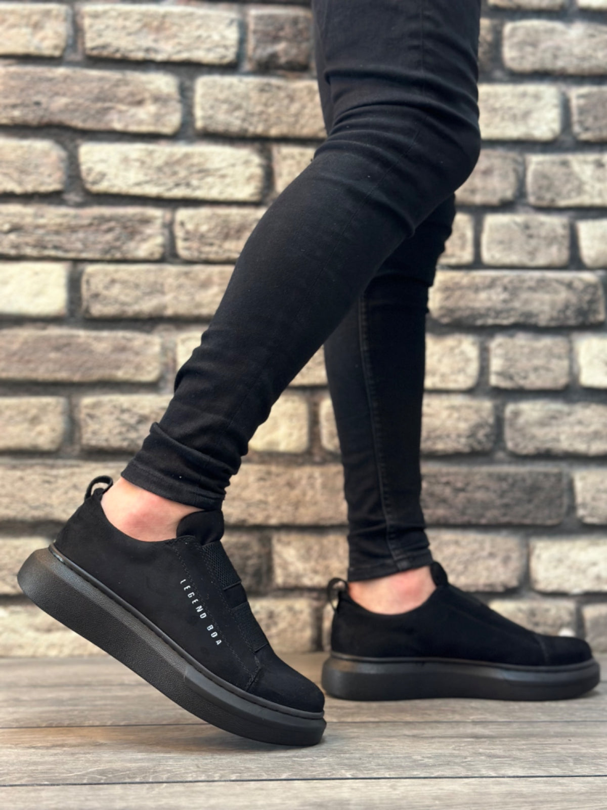 BA0307 Thick Suede High Sole Double Band Black Men's Shoes Sneakers - STREETMODE™