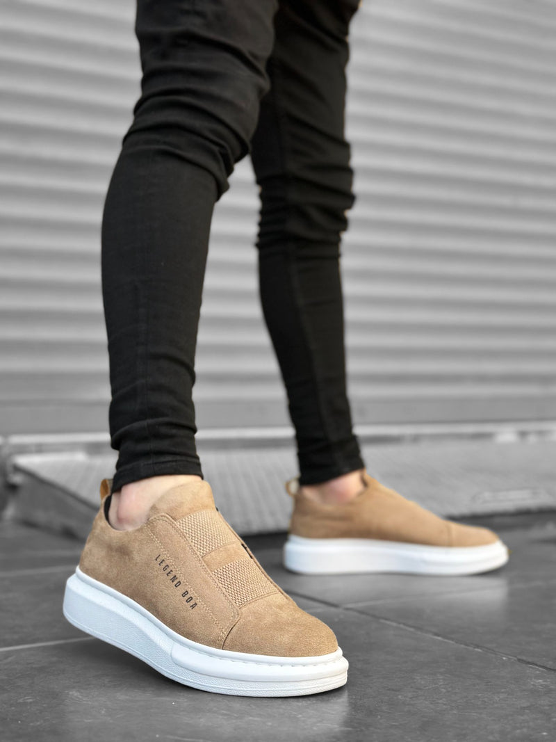 BA0307 Thick Suede High Sole Double Band Cream Men's Sneakers Shoes - STREETMODE™