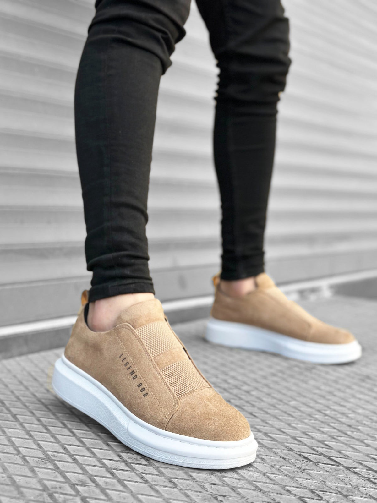 BA0307 Thick Suede High Sole Double Band Cream Men's Sneakers Shoes - STREETMODE™