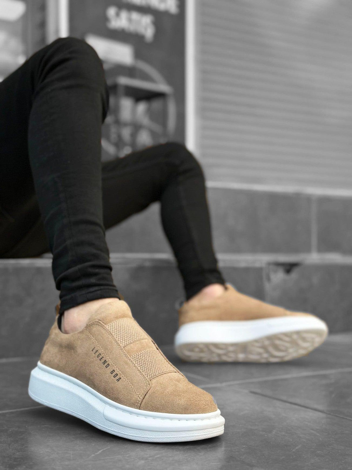 BA0307 Thick Suede High Sole Double Band Cream Men's Sneakers Shoes - STREETMODE™