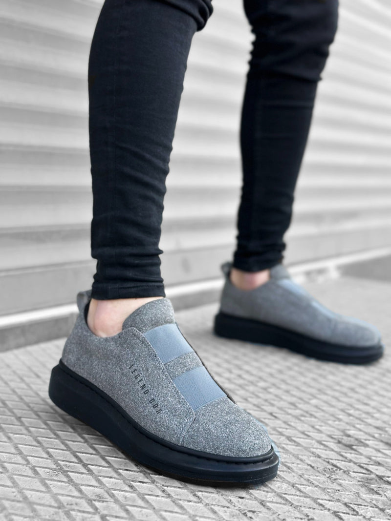 BA0307 Thick Suede High Sole Double Band Gray Black Men's Sneakers Shoes - STREETMODE™