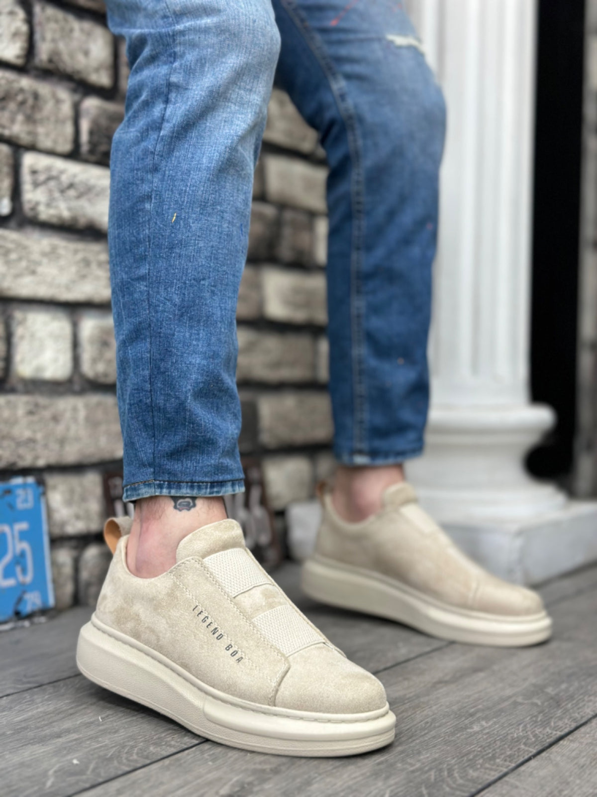 BA0307 Thick Suede High Sole Double Tape Beige Men's Shoes - STREETMODE™