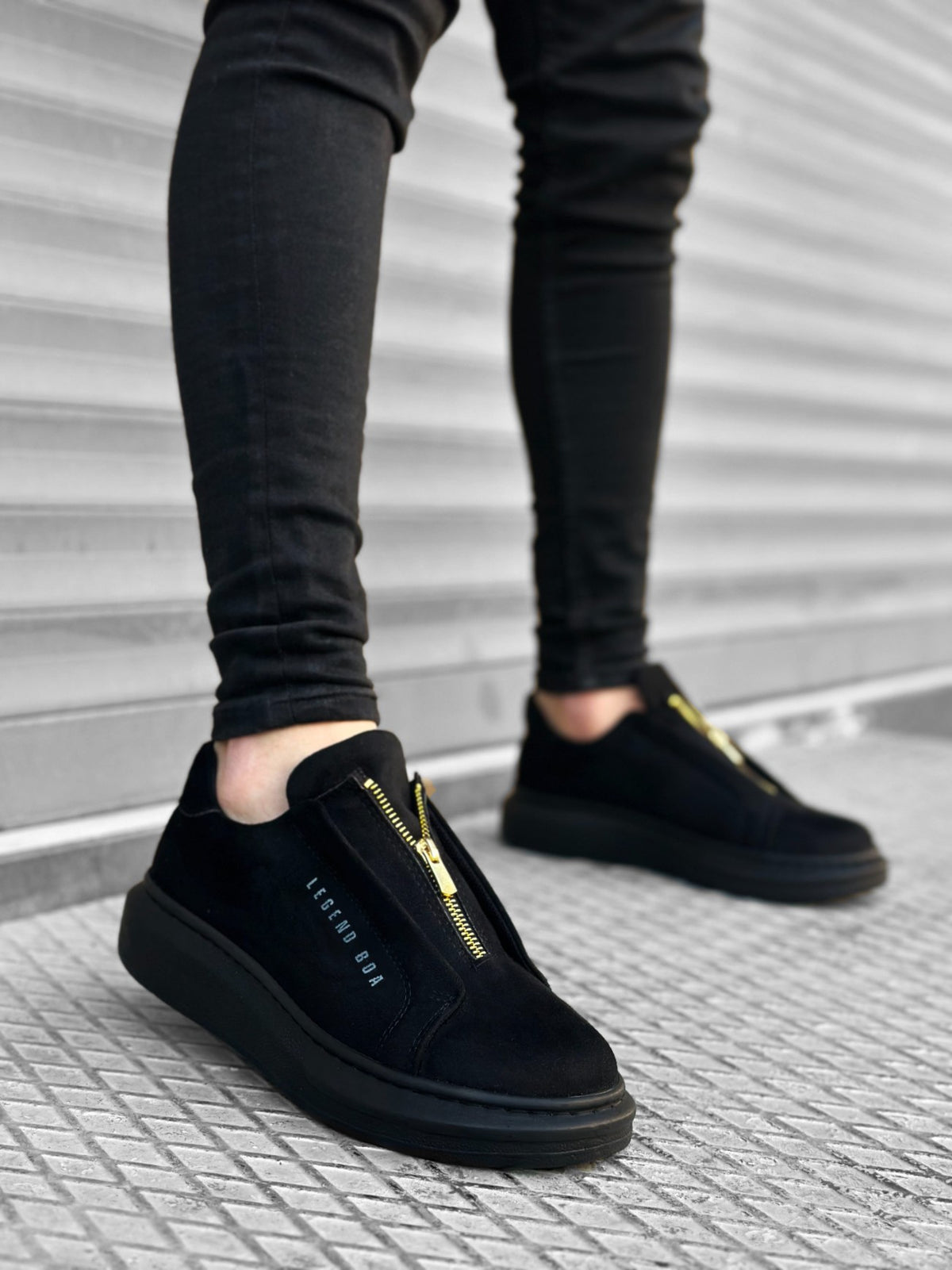 BA0310 BOA Thick Suede High Sole Zipper Black Black Men's Sneakers Shoes - STREETMODE™