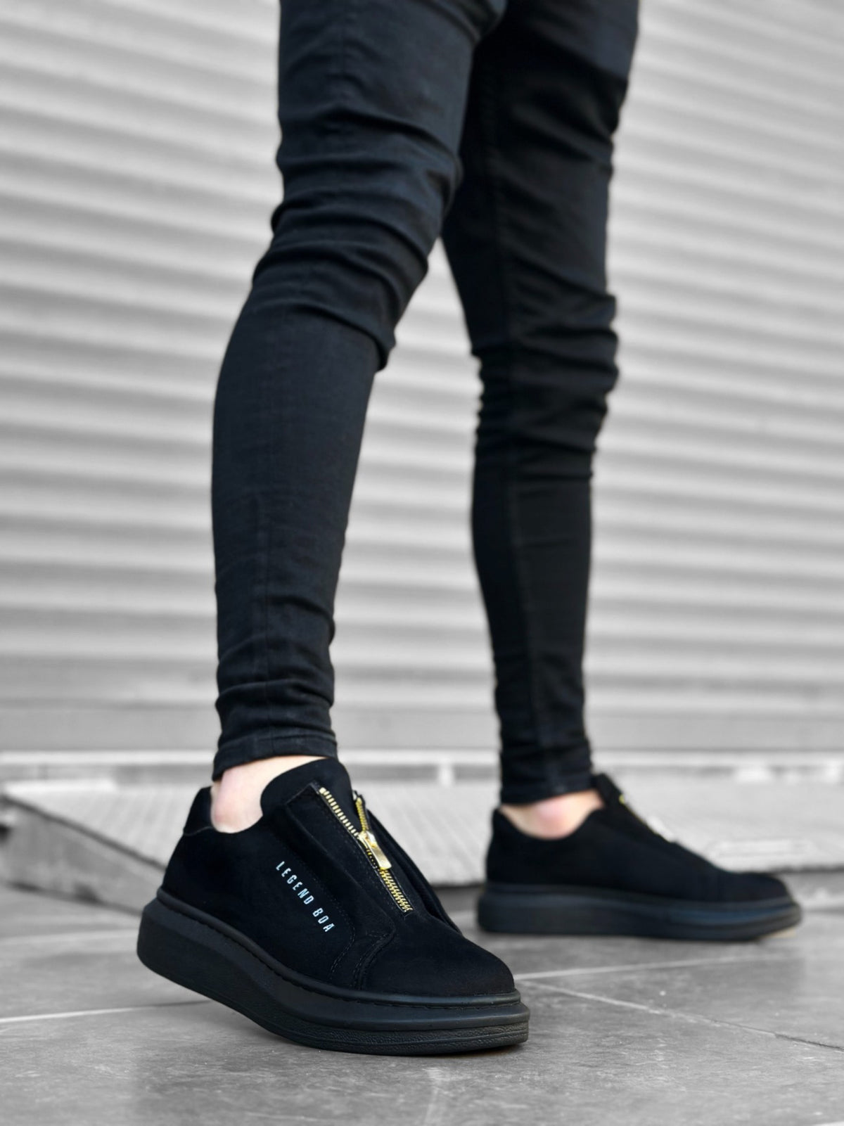 BA0310 BOA Thick Suede High Sole Zipper Black Black Men's Sneakers Shoes - STREETMODE™