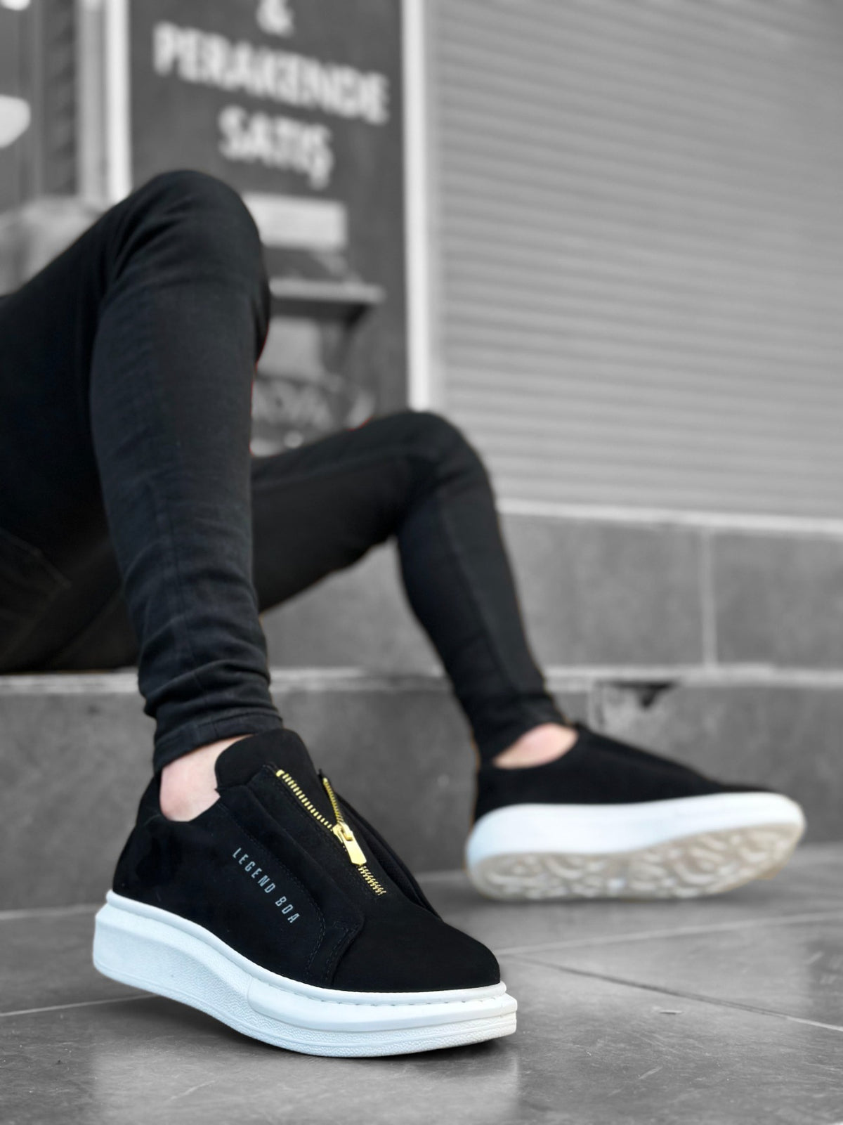 BA0310 BOA Thick Suede High Sole Zipper Black White Men's Sneakers Shoes - STREETMODE™
