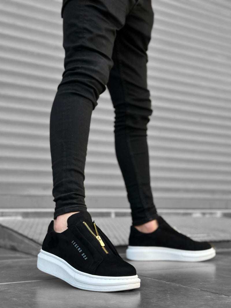 BA0310 BOA Thick Suede High Sole Zipper Black White Men's Sneakers Shoes - STREETMODE™