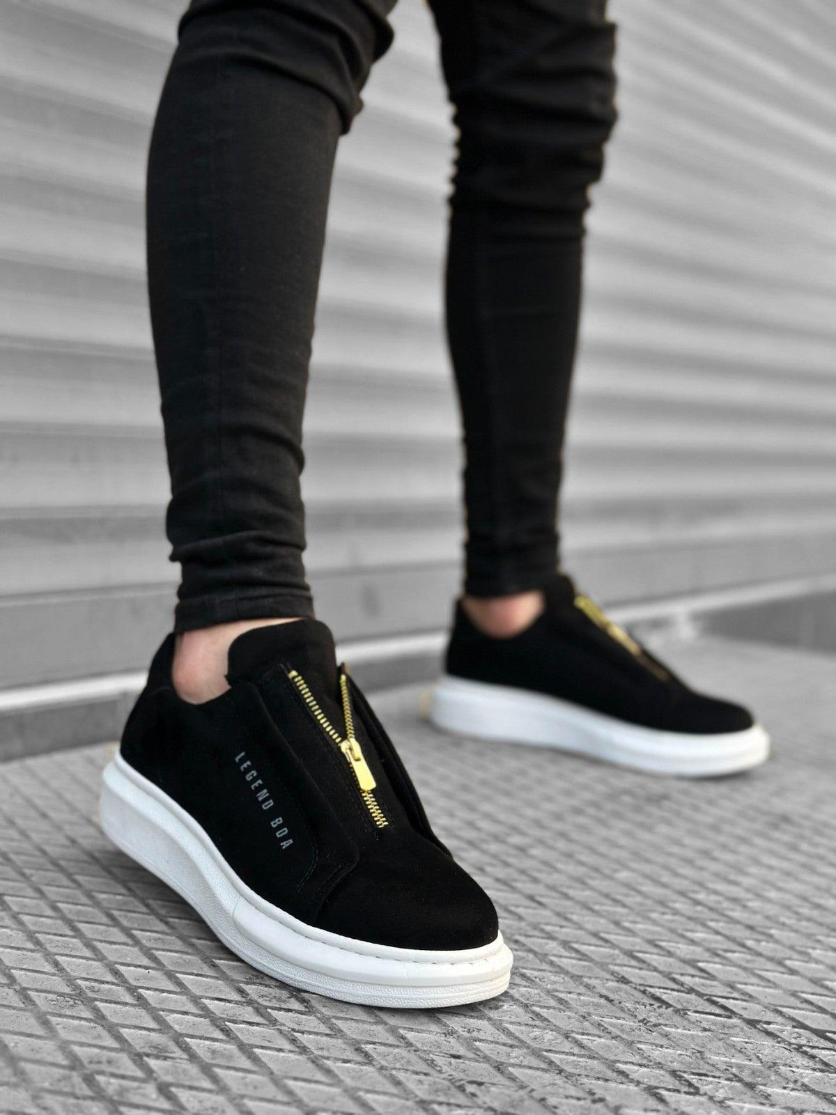 BA0310 BOA Thick Suede High Sole Zipper Black White Men's Sneakers Shoes - STREETMODE™