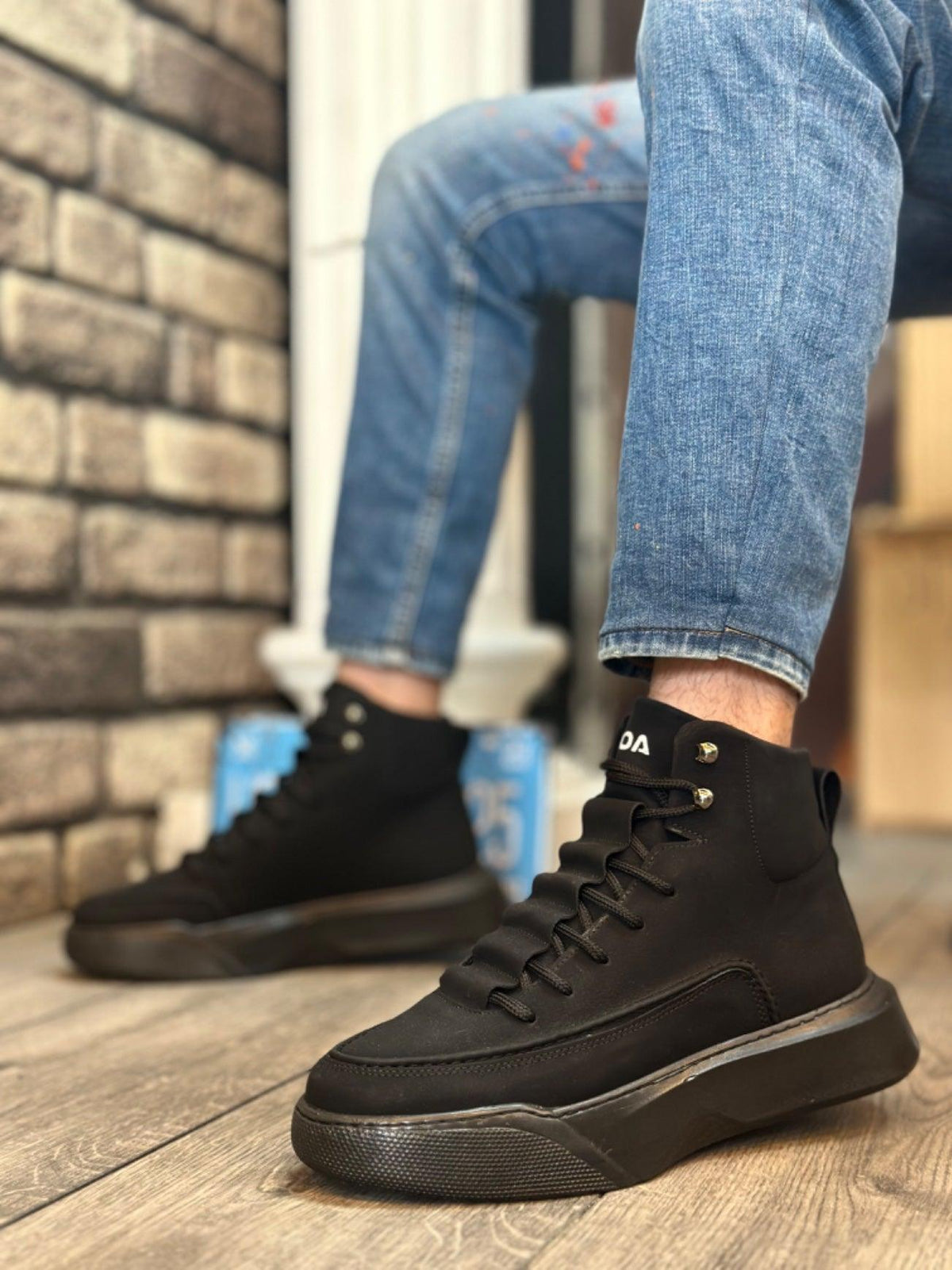 BA0321 Hidden Lace Men's High Sole Black Sports Boots - STREETMODE™